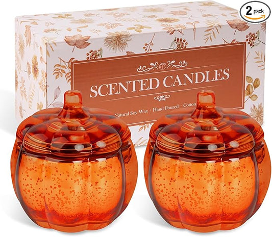 Lanpn Fall Scented Candle Gift Set 2 Pack, 22oz Pumpkin Glass Jar Candles Soy Wax, Thanksgiving Aromatherapy Candle, Autumn Fragrance Table Decor, Orange Votive Candles Holder Tabletop Centerpiece