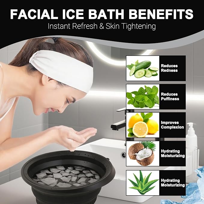 Face Bowl for Ice with Built-in Ice Tray – Collapsible Silicone Facial Ice Bath Bowl for Cold Plunge Therapy, Acne Relief & Skin Tightening – Black Home, Camping & Travel Portable Spa Tool
