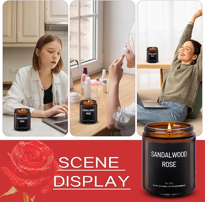 Sandalwood & Rose Scented Candles for Home Scented Aromatherapy Candles, Hand-Poured, 9 OZ, 50H Clean Burn,Soy Wax Candle Gift Set for Women Men