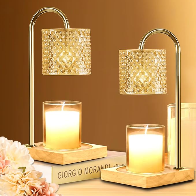 2 Pack Candle Warmer Lamp with Timer & Dimmer, Perfect Housewarming & Birthday Gifts for Women and Mom, Stylish Home Decor for Scented Wax & Jar Candles, Elegant Amber Glass Design