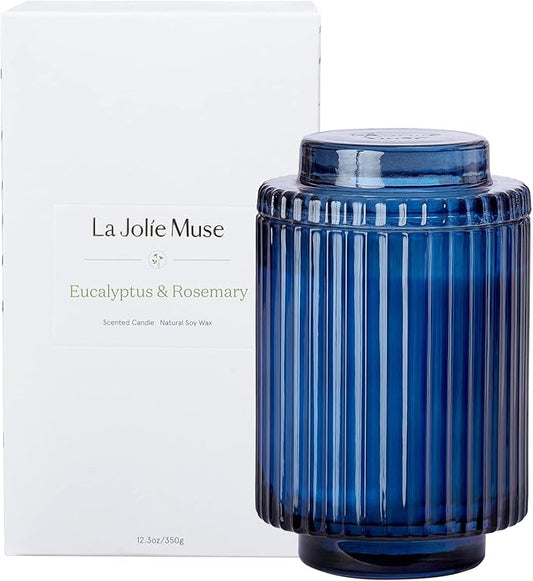 LA JOLIE MUSE Eucalyptus & Rosemary Scented Candle - Aromatherapy Candle for Relaxation, Natural Soy Wax, Glass Jar Candles for Gift and Home Decor, 80 Hours Long Burning, 12.3oz