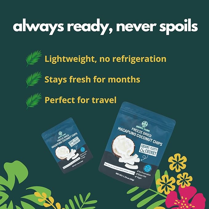 NOKKI FARM Freeze Dried Macapuno Coconut Chips - Healthy & Exotic Tropical Fruit Snacks, Low in Sugar, No Preservatives, Kid-Approved Shelf-Stable & Portable On-The-Go Snacking - 1.76 Oz