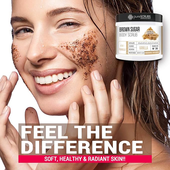 pureSCRUBS Premium Vanilla Brown Sugar Scrub | Face, Feet & Full Body Scrub | Large 16oz Jar Includes Wooden Spoon, Loofah & Mini Exfoliating Bar Soap