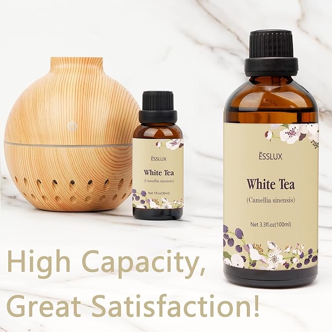 White Tea Essential Oil 100ml (3.3 Fl Oz), ESSLUX Aromatherapy Essential Oils for Diffuser, Massage, Soap, Candle Making, Home Fragrance