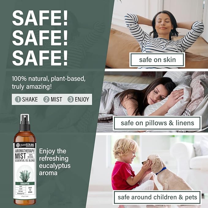 SHAKE, MIST & ENJOY - pureSCRUBS Premium Eucalyptus Aromatherapy Spray Mist for Room, Body, Linens, 100% Natural Essential Oils Plant Based Formula - One 4oz Bottle