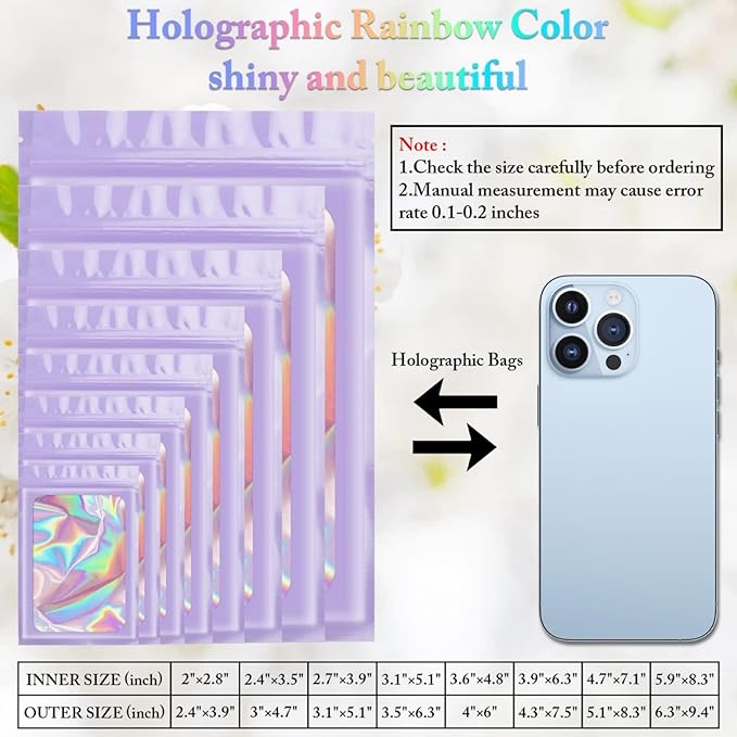 100 Pieces Smell Proof Mylar Resealable Bags, Holographic Packaging Bags, Resealable Odor Foil Pouch Zip Bags with Clear Window for Food Storage and Lipgloss, Jewelry Lash (Purple, 4.3 x 7.5 Inch)