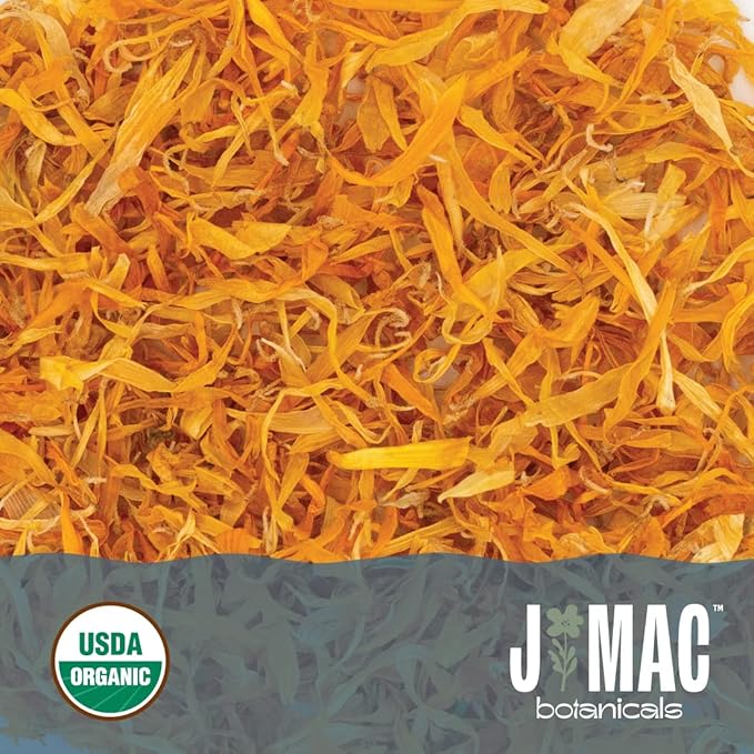 J Mac Botanicals, Organic Calendula Petals (12 oz) edible dried flowers, pairs well with rose petal for ice cubes, cooking, beverages, and bath bombs