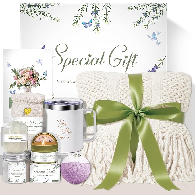 Self Care Gift Basket for Women.Spa Gift Set w Tassel Blanket.Birthday,Get Well Soon,Mother’s Day, Sympathy,Thinking of You Care Package,Relaxation Gifts for Mom,Wife,Grandma,Friend,Her.