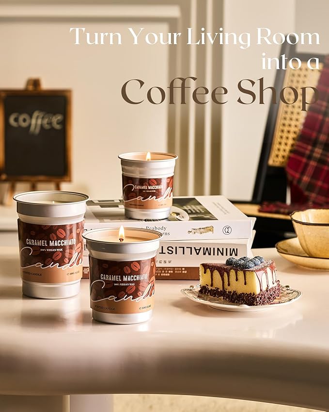 M&SENSE Coffee Candles Caramel Macchiato Scented, Soy Based Wax 7oz 42 Hours Non Toxic Clean Burn, Highly Scented Relaxing Candle for Home, Holiday Aromatherapy Gifts for Coffee Lovers