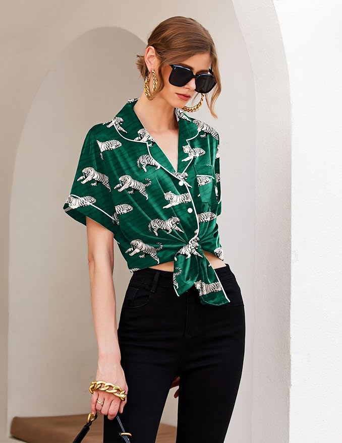 Ekouaer Silk Pajamas for Women Short Sleeve Sleepwear Soft Button Down Loungewear 2 Piece Satin Pjs Shorts Set S-XXL