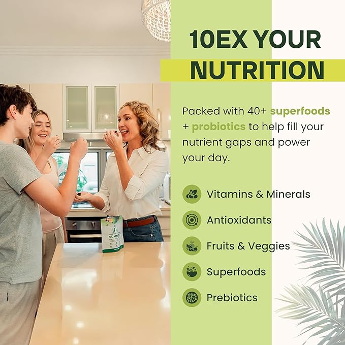 10ex Supergreens Gummies w/Probiotics. 40 Superfoods & Super Greens. 10x More Nutrients. Multivitamins & Antioxidants from Whole Foods. Healthy Snacks for Adults. Keto, Low Carb, Low Calorie Snacks.