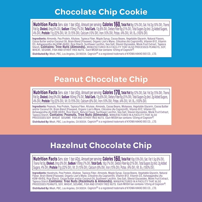 MOSH Variety Pack Vegan Protein Bars, Plant Based, Keto, Gluten Free, Brain Healthy Snack with Cognizin, Ashwagandha and Lion's Mane, 6 Count