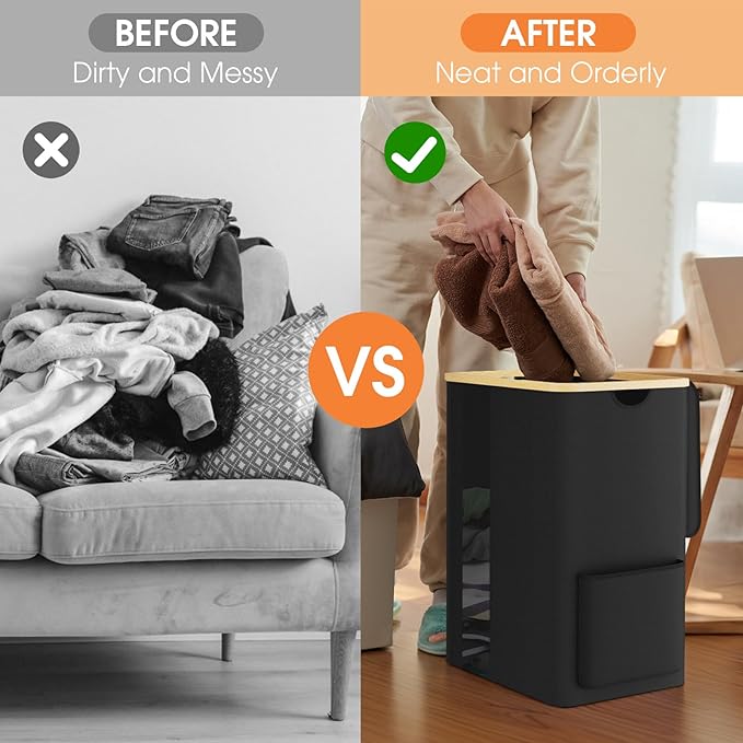 Laundry Basket Clothes Hamper with Lid and Side Pocket Large Collapsible Laundry Baskets with Handle, Freestanding Hampers for Bedroom Aesthetic, Dorm, Bathroom, Laundry Room (80L, Black)