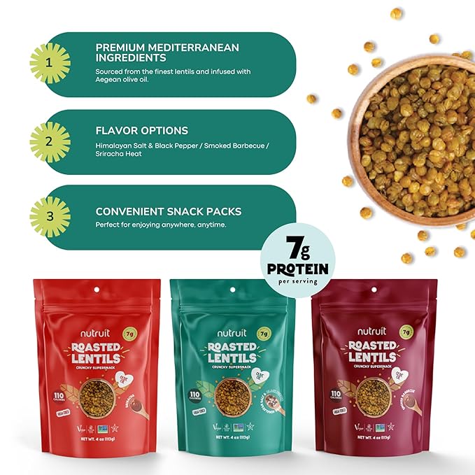Nutruit Roasted Lentil Snacks - Tasty Snack Box with Vegan, Gluten Free, Non-GMO, High Protein, Low Calorie, Healthy On-The-Go Low Calorie Lentils Snacks - 4oz Packs (8-Pack Box) (8 Pack, Variety Box)