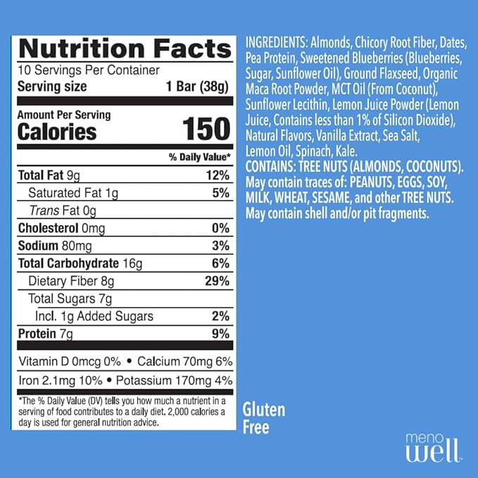 MenoWell Menopause Protein Bars for Women, Weight Management Support, Fresh Blueberry Lemon, 25% Daily Fiber, Plant-Based, 7g of Protein, 1g Added Sugar, 10 Count (Pack of 1)