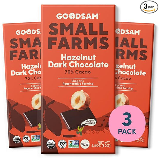 GoodSAM Hazelnut Dark Chocolate Bars - (Pack of 3) – 70% Cacao Premium Organic Dark Chocolate with Roasted Hazelnuts – Fair Trade Snacks that Support Small Family Farms