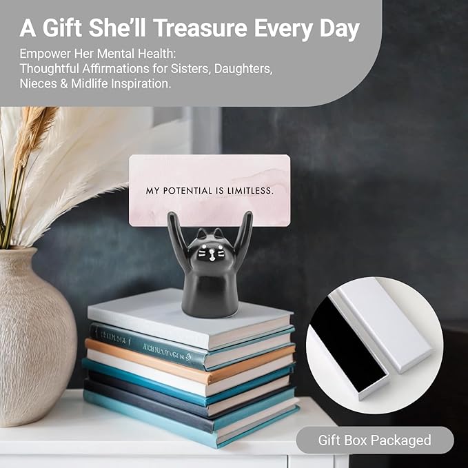 ZEARPT Affirmation Card Deck for Women, Self Care Gift, Positive Affirmation Cards with Holder, Gift for Her, Daughter, Niece, Sister, Daily Affirmations, Midlife Manifestation Gift (Black - Cat)