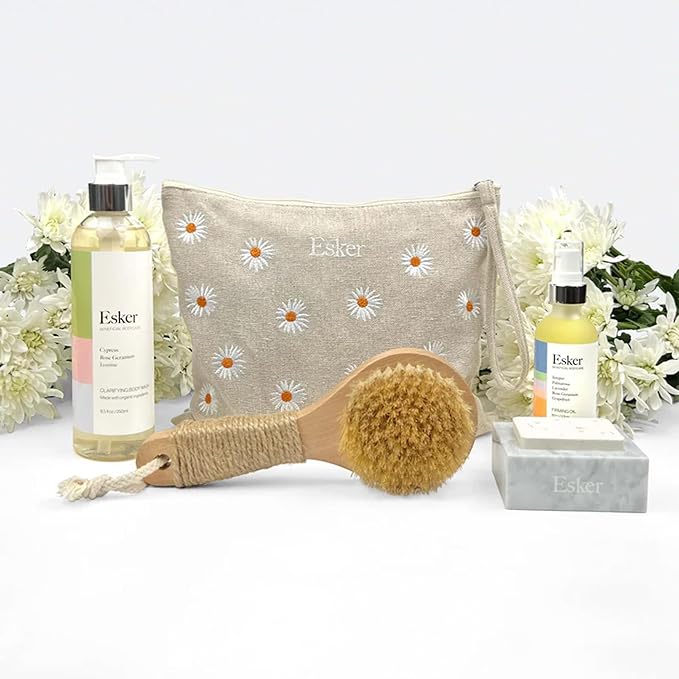 ESKER Everything Shower Gift Set Comes with our Dry Brush 2oz Firming Body Oil a Full Sized Clarifying Wash and our Aromatic Shower Steamer all Packaged in a Beautiful Floral Linen Pouch