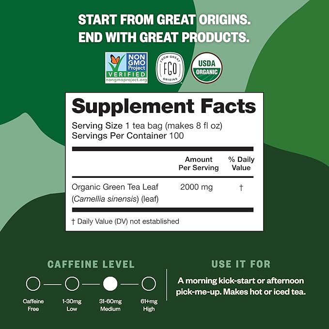 FGO Organic Green Tea, 100 Count Eco-Conscious Tea Bags, Caffeinated, Resealable Pouch, Packaging May Vary (Pack of 1)