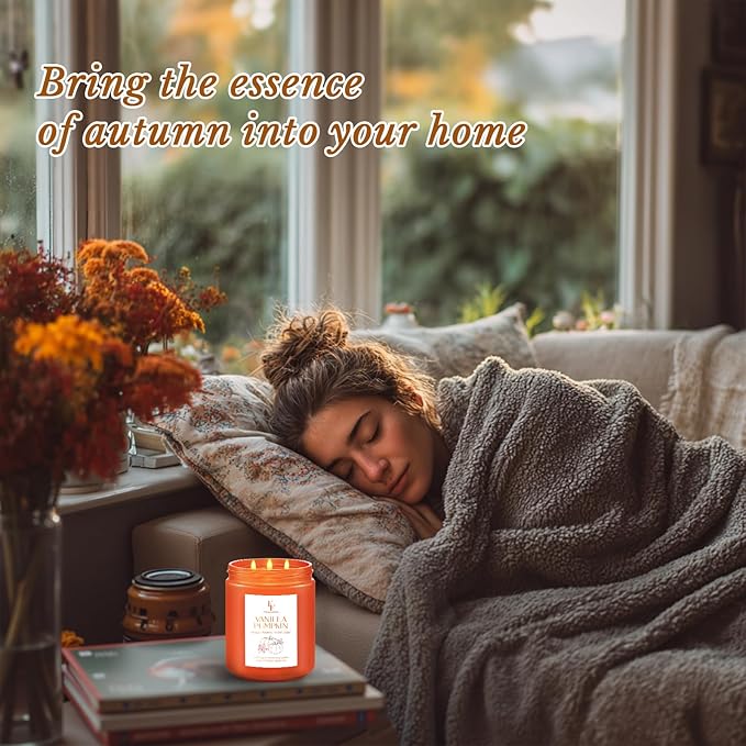 Large Fall Candle Vanilla Pumpkin Scented, 3-Wick 22oz Long Lasting Scented Candle, Natural Soy Wax Aromatherapy Candle for Home, Autumn Candle Gifts for Women Men