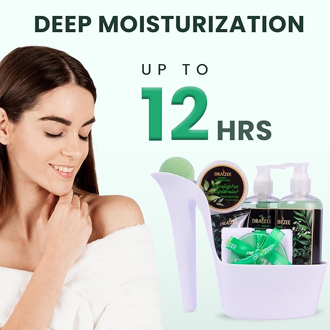 Draizee Luxury Spa Gifts for Women – 8 Pc Eucalyptus Spearmint Bath & Body Set with Bubble Bath, Lotion, Body Butter & More – Self Care Gift Basket for Wife, Mom, Girlfriend