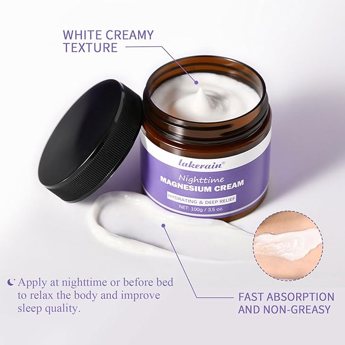Nighttime Magnesium Cream, Hydrating and Non-Greasy Lavender Topical Magnesium Cream & Body Lotion with Shea Butter and Vitamin E, Relaxation and Sweet Sleep, 3.5 oz