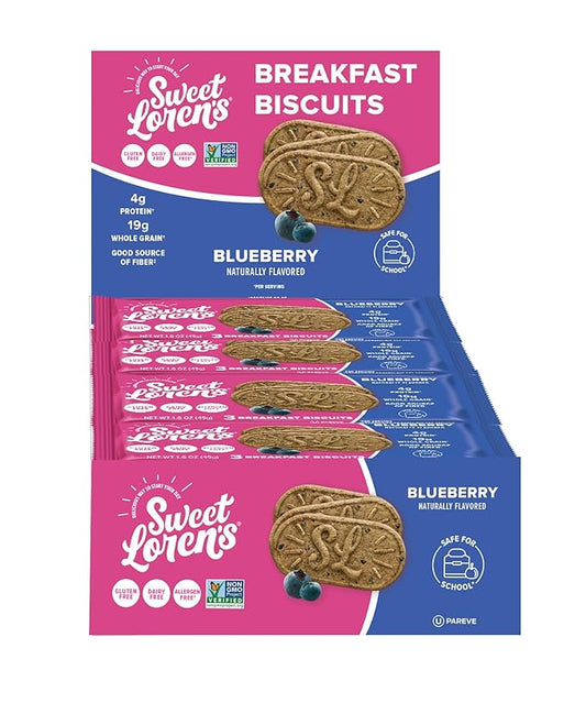 Sweet Loren's Vegan Breakfast Biscuits | Blueberry | 4g Protein, 19g Whole Grains | Plant Based, Gluten Free, Dairy Free, Nut Free Snacks | Grab & Go 8 Pack (24 Total Biscuits, 1.6 ounce each)
