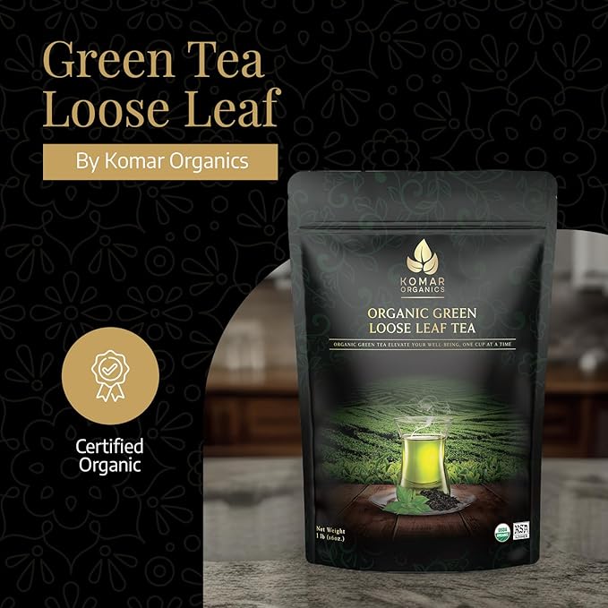 Komar Organics Loose Leaf Green Tea – 16Oz USDA Organic for Energy Boost, Antioxidants – Certified Kosher Delicate Flavor Assam Tea Organic Tea Leaves Ideal for Morning, Afternoon