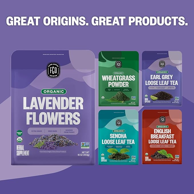 FGO Organic Dried Lavender Flowers, Extra Grade Dried Buds, Imported From France for Culinary or Sachet Bags, 16oz Bulk, Packaging May Vary (Pack of 1)