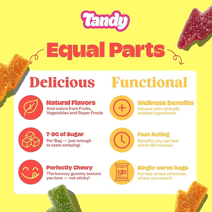 Tandy Energy Bursts Caffeine Gummies I Energy Boost Gummies with Zesty Fruit Blast Flavor I Caffeine from Green Tea Extract I Gluten-Free Fast-Acting Dietary Supplement Gummy I 6-Pack