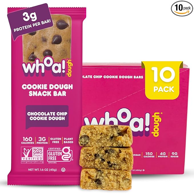 Whoa Dough Edible Cookie Dough Bars- Certified Non-GMO, Kosher and Gluten Free Bars - Healthy Snack Foods - Plant Based Snacks Made With Real Ingredients - Chocolate Chip Cookie Dough - 10 Pack