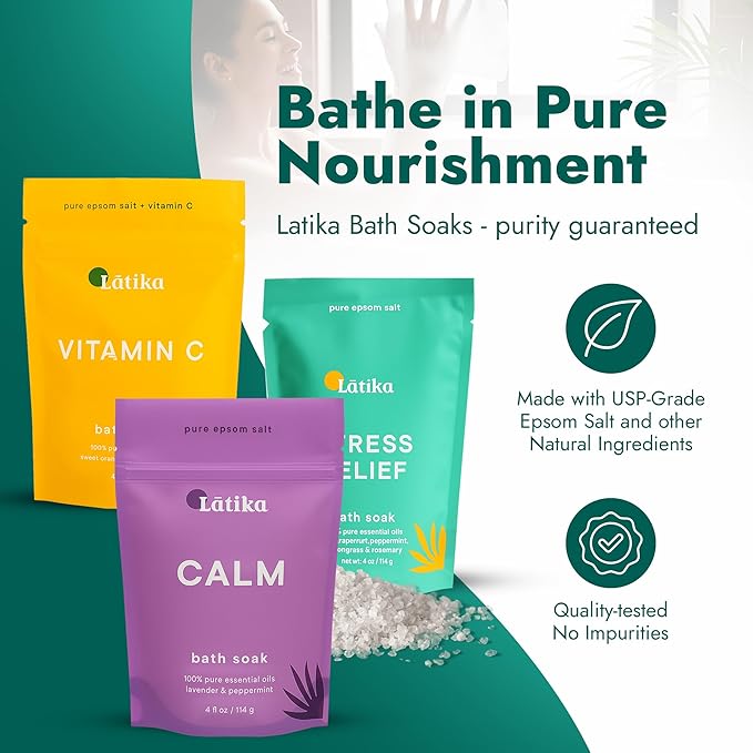 Latika Bath Soaks Set of 3 – Epson Salts for Soaking, Muscle Recovery & Skin Nourishment with Essential Oils | Relax, Rejuvenate & Destress | Lavender Mint, Vitamin C & Grapefruit