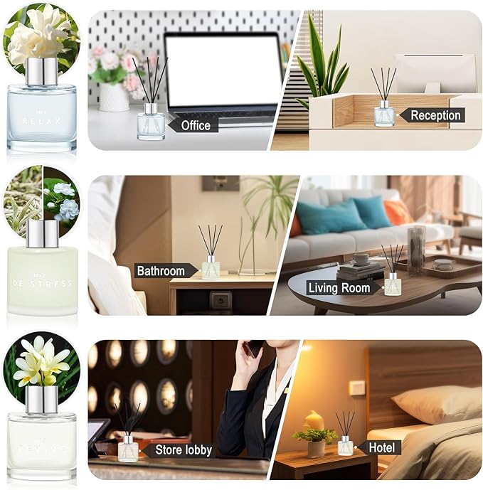 3 Set of Reed Diffusers, 5.07 oz Reed Diffusers with 12 Black Fiber Sticks, 150 ml Jasmine Lily Cucumber Bamboo Scent Diffuser for Home,Long Lasting up to 90 Days