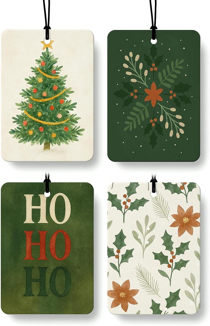 Green Christmas Berry Car Air Freshener 4 Pcs, Rustic Xmas Tree Floral Botanical Hohoho Hanging Air Freshener for Cars Closet Drawer Books, Christmas Car Accessories Mirror Decor for Women