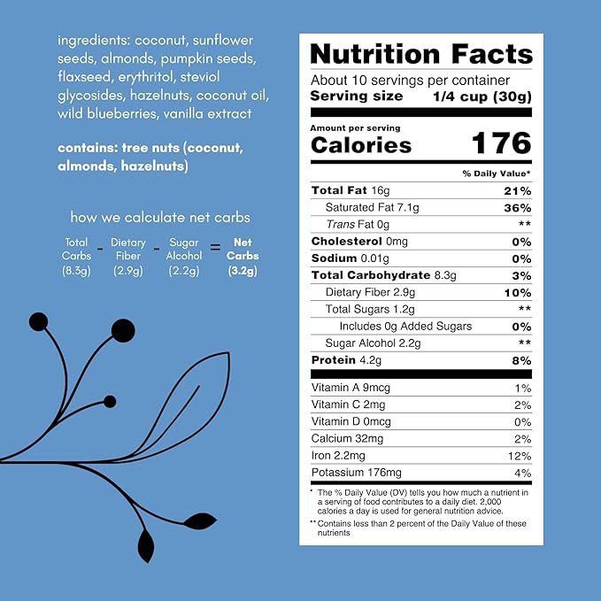 Keto Hana Wild Blueberry Keto Granola Keto Diet Vegan Grain Free Dairy Free Plant Based No Refined Sugars Gluten Free 2g Net Carbs Breakfast Cereal - 11oz