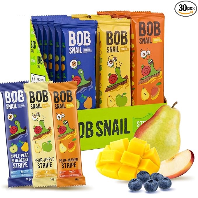BOB SNAIL Healthy Organic Fruit Snacks for Kids and Adults – 30 Organic Fruit Leather Snacks with Pear & Apple, Blueberry, Mango – Vegan Low-Carb Variety Pack Strips for Kids – Sugar Free Jerky Bars
