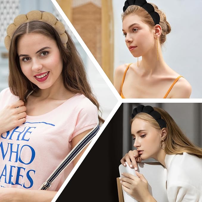 AMCAMI Puffy Spa Headband for Women Sponge Headbands for Girls 2 PCS Terry Towel Cloth Fabric Head Band for Skincare,Makeup Removal,Face Washing,Facial Mask,Shower,Hair Accessories(Black&Light Coffee)