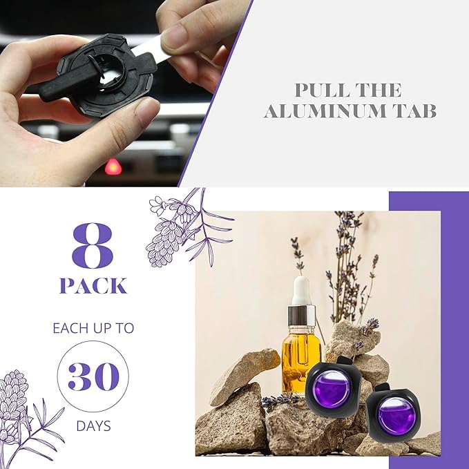 Car Air Freshener Vent Clips, 8 Pack, Provides Long-Lasting Scent, Up to 240 Days, Odor Eliminator (Lavender)