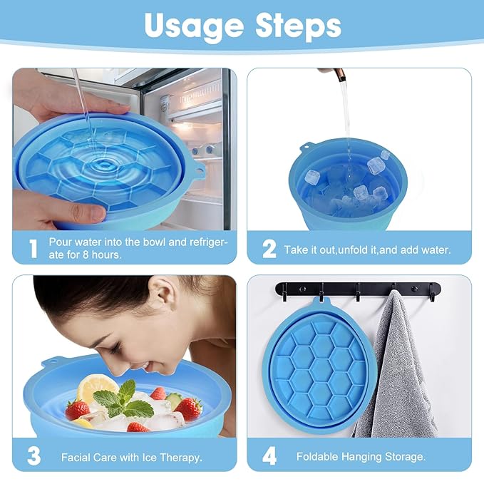 Face Bowl for Ice Silicone Facial Bowls with Built - in Tray Foldable Washbasin for Face Tub Plunge & Cold Plunge Quick Skin Cooling in Ice Baths -Bath Spa Tool for Home Camping Travel & Blue