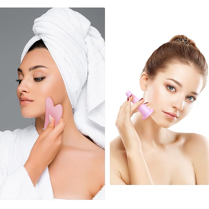 Nuanchu 4 Pieces Facial Cupping Massage Cups & Gua Sha Boards Set, 2 Pcs Gua Sha Massage Tool Facial Tool Heart Shape Guasha Scraping Board for Face Eyes Neck Back (Pink)
