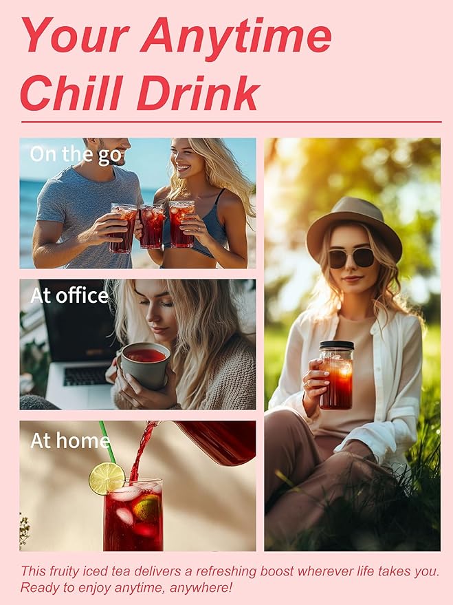 TeeLux Strawberry Hibiscus Iced Tea, Natural Hibiscus Tea with Stevia and Rosehip, Tangy & Sweet Flavor, Caffeine Free, 100 Count