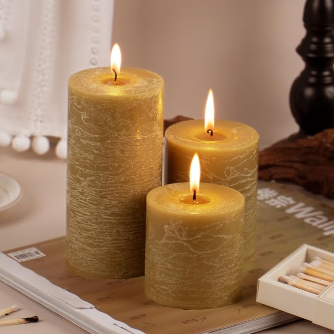 KONNI Wax Yellow Pillar Candles Set of 3, 3"x 6" Unscented Pillar Candles Bulk, 56 Hours Long Burning Candles, Smokeless&Dripless Large Round Candle for Wedding, Home Decoration, Parties, Spas, Dinner