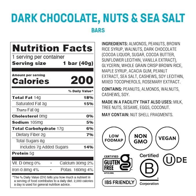 Fody Foods Snack Bars, Dark Chocolate Nuts & Sea Salt, 1.41 Oz (Pack of 12), 5g Protein, Low FODMAP, Gut & IBS Friendly, Vegan, Lactose Free, Non-GMO, Gluten Free