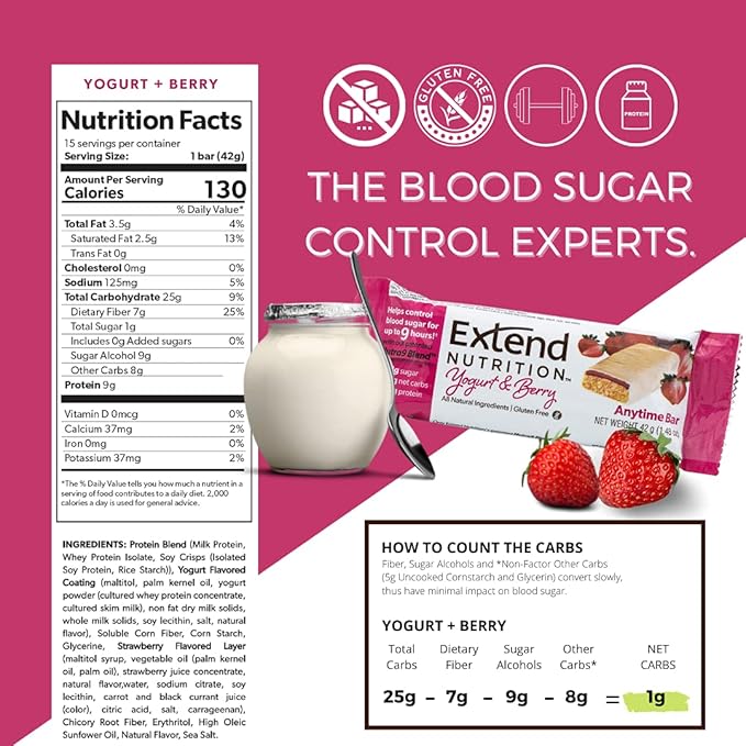 Extend Nutrition 1 Gram Sugar High Protein Bars, Perfect Diabetic Snacks for Adults and Kids, High Protein Bars for Hunger Control & Steady Energy, Low Carb, Keto Friendly, Yogurt and Berry, 12 Count