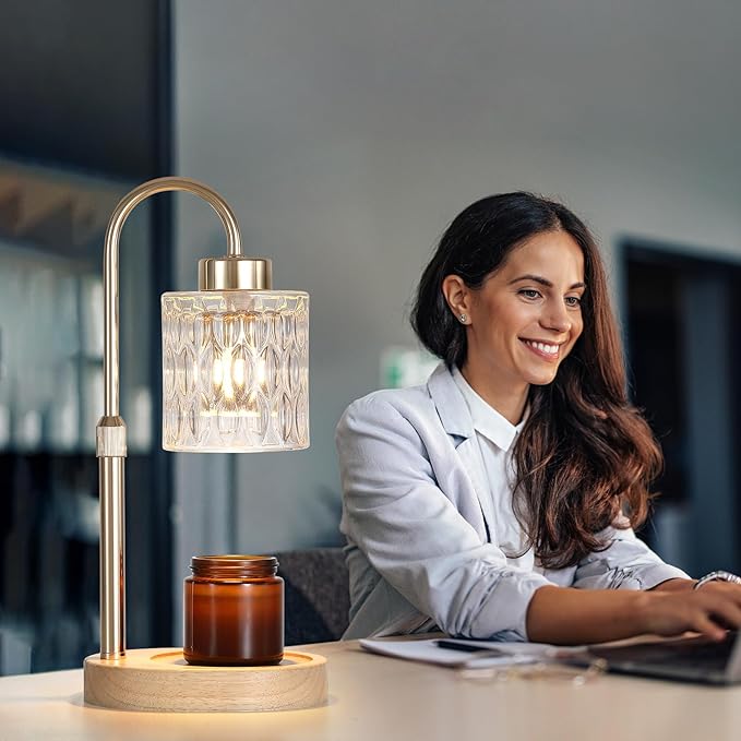 Gold Candle Warmer Lamp with Dimmer and Timer,Home Decor Lamp for Scented Jar,Electric Wax Melt Warmer,Mother's Day/Birthday/Christmas Gifts for Mom/Wife,Adjustable Height,with 2 Bulbs