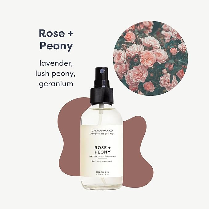 Calyan Wax Co. Rose & Peony Air Freshener, Non Aerosol Bedroom Spray, Natural Room Mist, Aromatherapy Spray with Essential Oils, 4fl oz