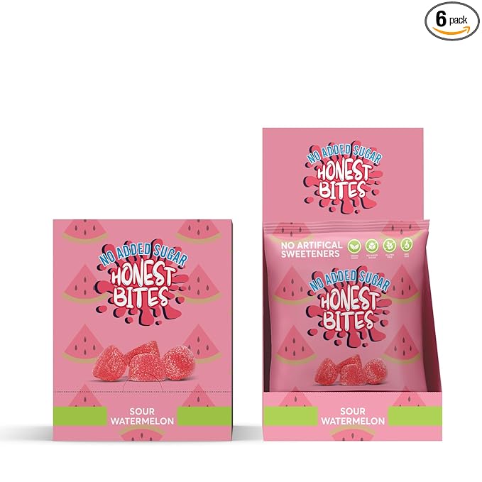 Honest Bites Sour Watermelon Candy - No Added Sugar, Gluten Free, Vegan, Dye Free, Healthy Snacks for Kids & Adults, Keto Snacks, Low Calorie, 6-Pack