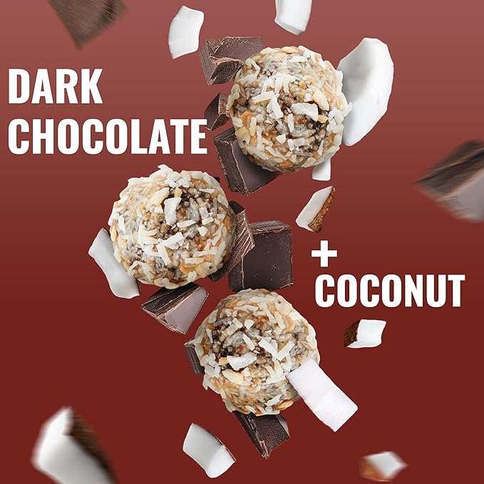 The GFB Dark Chocolate Coconut Protein Bites - Gluten Free, Plant Based, Non GMO, Sustainably Made – Ridiculously Tasty, Healthy, Vegan, Protein Energy Balls, 1.2 oz (10 count)