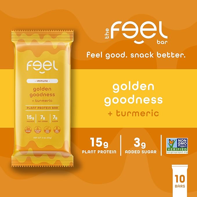 Feel Vegan Protein Bars | Golden Goodness | Keto | Gluten Free | Organic | Turmeric | 15g Protein | Low Carb | Dairy Free | Grain Free | Nut Free | Soy Free | Non GMO - 10 Pack