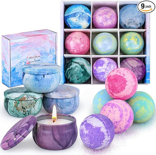 Bath Bombs Gift Set - 5 Large Fizzy Spa Bombs with 4 Scented Candles for Women - Moisturizing Bubble Bath with Essential Oils for Valentine's, Birthday Gifts